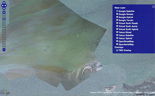 OpenLayers TMS map of oil and birds on Chandeleur Island, May 9